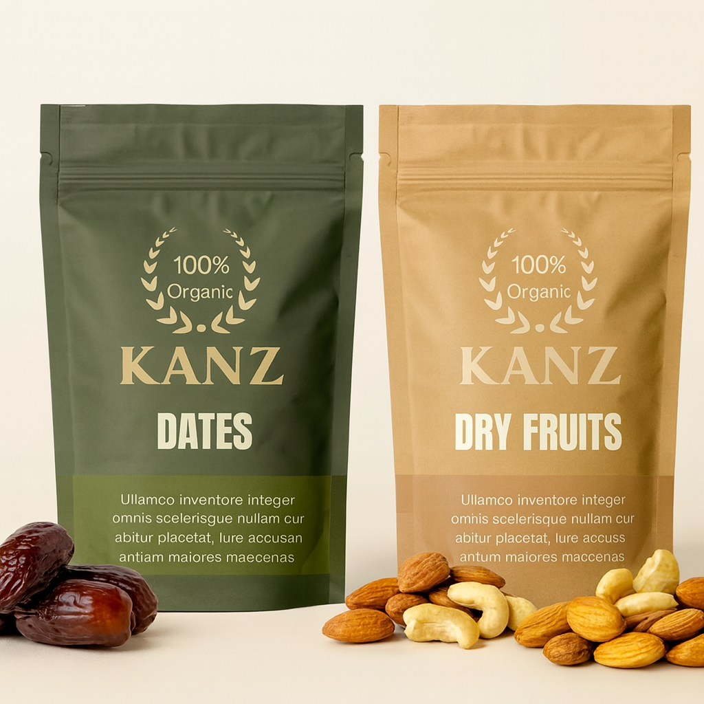 Home Two Kanz Dry Fruits resealable delivery pouches displayed on a clean beige background. The left olive-green pouch is labeled ‘KANZ Dates’ with fresh dates placed beside it, while the right light-brown pouch is labeled ‘KANZ Dry Fruits’ with a mix of popular Pakistani dry fruits including almonds, cashews, and pistachios arranged in front. The packaging has a premium, organic look with zip-lock sealing.